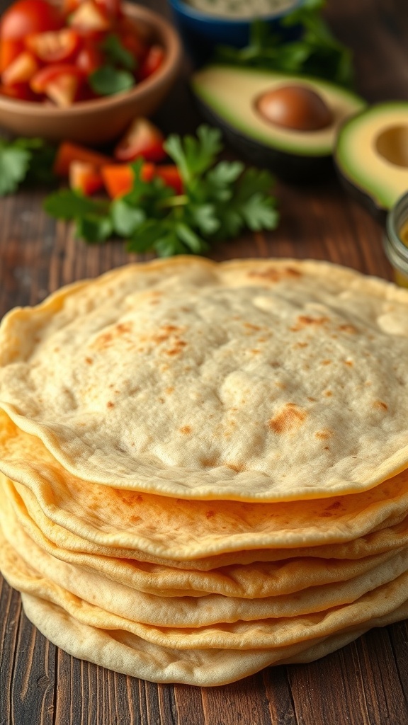 A stack of warm corn tortillas on a wooden table with fresh ingredients for tacos.